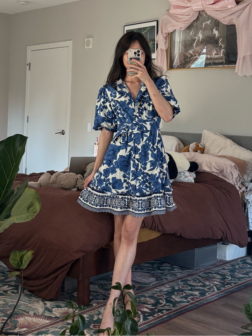Joie blue and white floral porcelain print puff sleeves belted mini dress -2